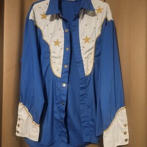 Men's Blue & White Western-Style Embroidered Button-Down Shirt